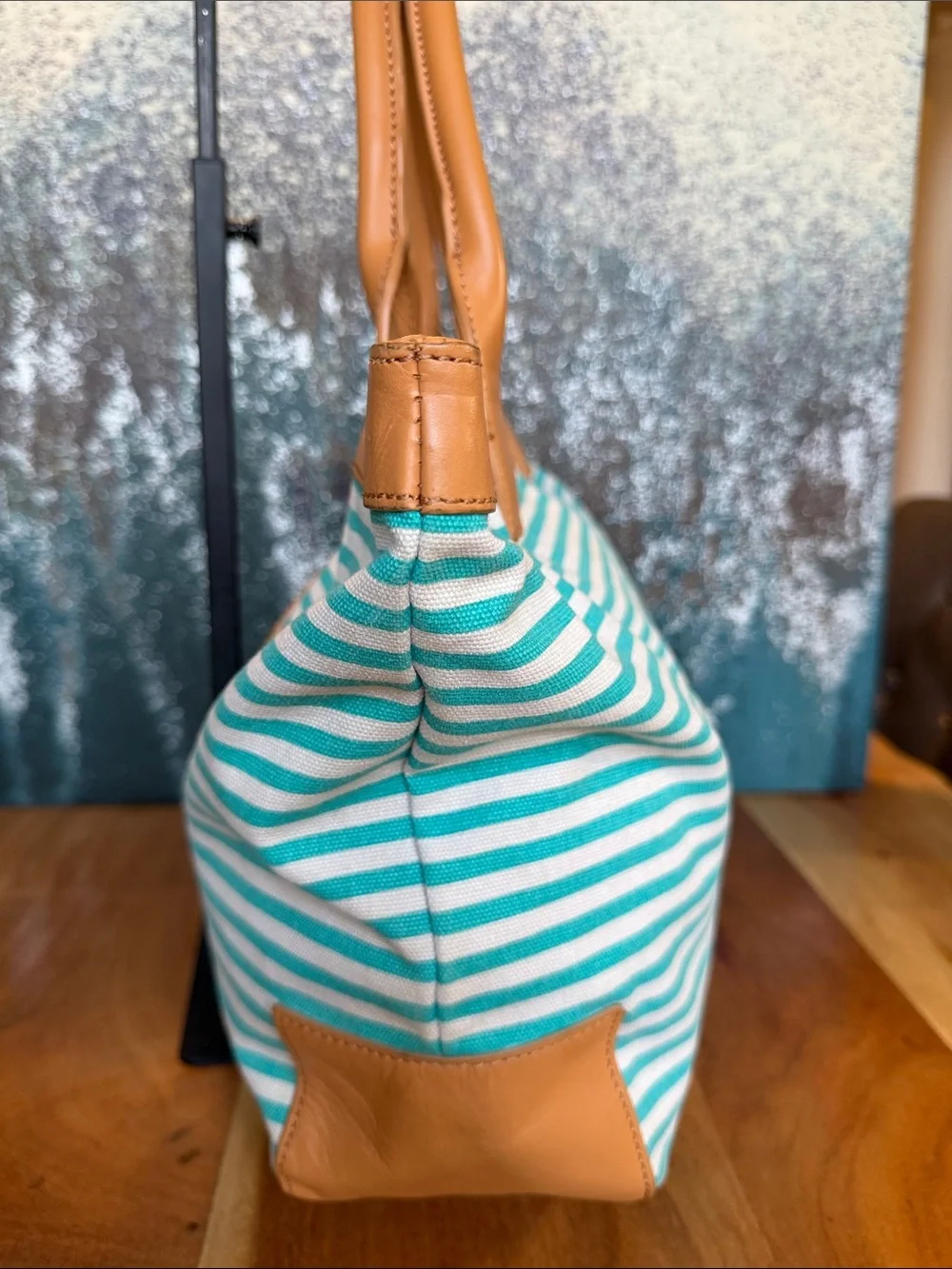 Tory Burch Rare Coastal Grandmother 2010’s Sophia Striped Canvas Tote Aqua GUC